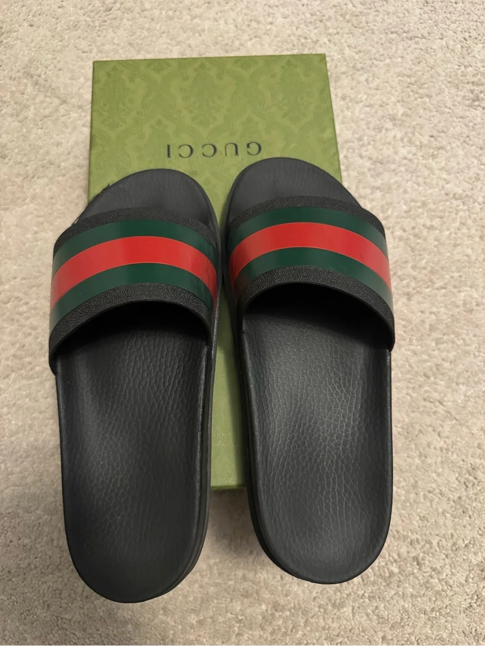 Gucci Black Slides with Green and Red Web Stripe